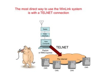 The Internet
CMS
CMS CMS
CMS
Radio
Data
Interface
Ham
Computer
The most direct way to use the WinLink system
is with a TELNET connection
Paclink
or RMS Express
TELNET
 