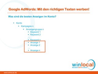 Google AdWords: Mit den richtigen Texten werben!
Was sind die besten Anzeigen im Konto?
 Konto
 Kampagne n
 Anzeigengruppe n
 Keyword 1
 Keyword 2
…
 Keyword n
 Anzeige 1
 Anzeige 2
…
 Anzeige n
www.winlocal.de
 