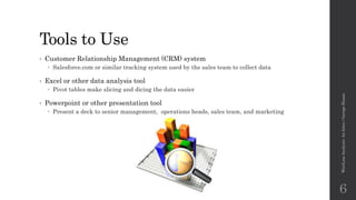 Tools to Use
• Customer Relationship Management (CRM) system
 Salesforce.com or similar tracking system used by the sales team to collect data
• Excel or other data analysis tool
 Pivot tables make slicing and dicing the data easier
• Powerpoint or other presentation tool
 Present a deck to senior management, operations heads, sales team, and marketing
Win/LossAnalysis:AnIntro/GeorgeSloane
6
 