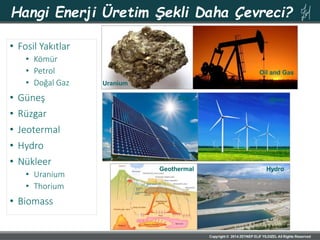 Hangi Enerji Üretim Şekli Daha Çevreci?
• Fosil Yakıtlar
• Kömür
• Petrol
• Doğal Gaz
• Güneş
• Rüzgar
• Jeotermal
• Hydro...