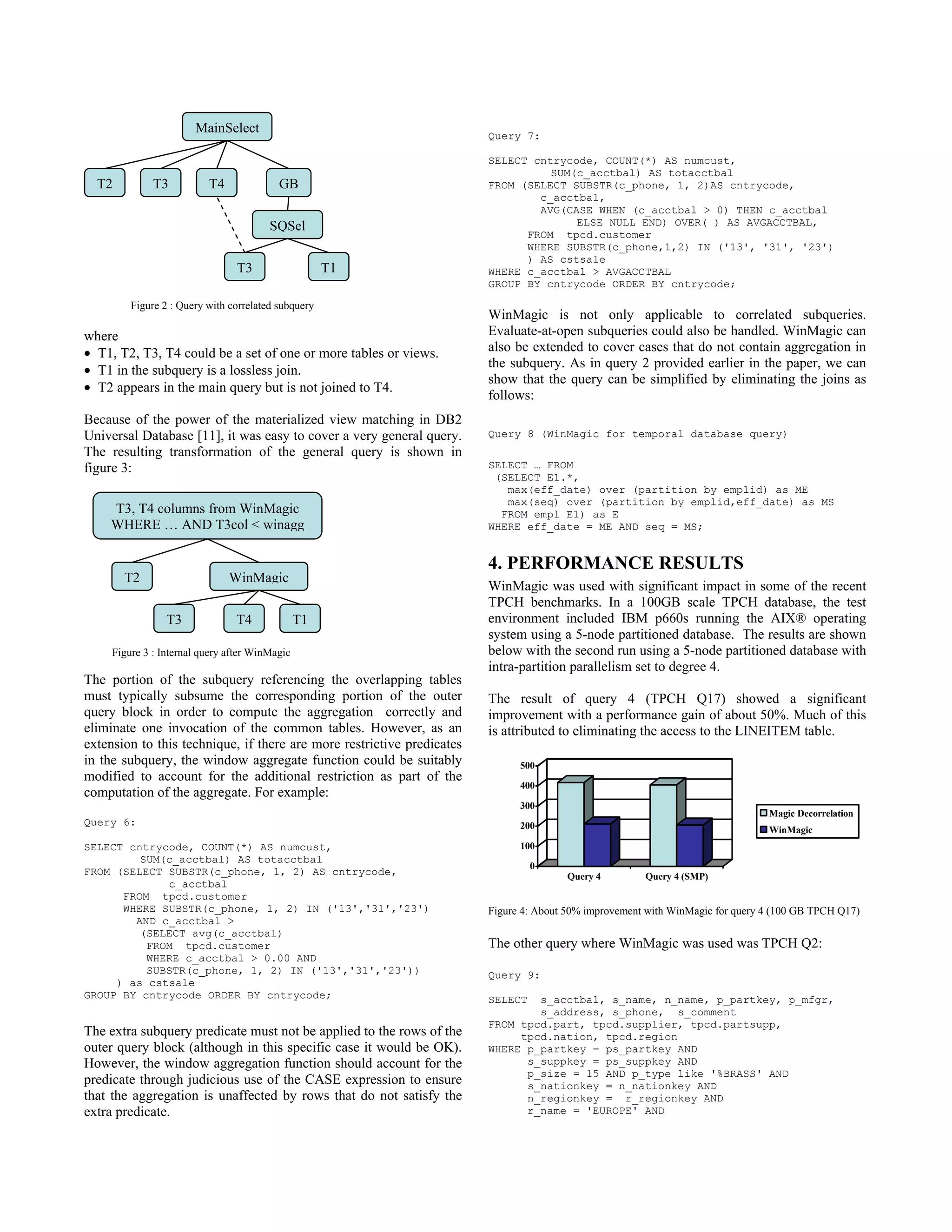 Figure 2 : Query with correlated subquery
where
• T1, T2, T3, T4 could be a set of one or more tables or views.
• T1 in the subquery is a lossless join.
• T2 appears in the main query but is not joined to T4.
Because of the power of the materialized view matching in DB2
Universal Database [11], it was easy to cover a very general query.
The resulting transformation of the general query is shown in
figure 3:
Figure 3 : Internal query after WinMagic
The portion of the subquery referencing the overlapping tables
must typically subsume the corresponding portion of the outer
query block in order to compute the aggregation correctly and
eliminate one invocation of the common tables. However, as an
extension to this technique, if there are more restrictive predicates
in the subquery, the window aggregate function could be suitably
modified to account for the additional restriction as part of the
computation of the aggregate. For example:
Query 6:
SELECT cntrycode, COUNT(*) AS numcust,
SUM(c_acctbal) AS totacctbal
FROM (SELECT SUBSTR(c_phone, 1, 2) AS cntrycode,
c_acctbal
FROM tpcd.customer
WHERE SUBSTR(c_phone, 1, 2) IN ('13','31','23')
AND c_acctbal >
(SELECT avg(c_acctbal)
FROM tpcd.customer
WHERE c_acctbal > 0.00 AND
SUBSTR(c_phone, 1, 2) IN ('13','31','23'))
) as cstsale
GROUP BY cntrycode ORDER BY cntrycode;
The extra subquery predicate must not be applied to the rows of the
outer query block (although in this specific case it would be OK).
However, the window aggregation function should account for the
predicate through judicious use of the CASE expression to ensure
that the aggregation is unaffected by rows that do not satisfy the
extra predicate.
Query 7:
SELECT cntrycode, COUNT(*) AS numcust,
SUM(c_acctbal) AS totacctbal
FROM (SELECT SUBSTR(c_phone, 1, 2)AS cntrycode,
c_acctbal,
AVG(CASE WHEN (c_acctbal > 0) THEN c_acctbal
ELSE NULL END) OVER( ) AS AVGACCTBAL,
FROM tpcd.customer
WHERE SUBSTR(c_phone,1,2) IN ('13', '31', '23')
) AS cstsale
WHERE c_acctbal > AVGACCTBAL
GROUP BY cntrycode ORDER BY cntrycode;
WinMagic is not only applicable to correlated subqueries.
Evaluate-at-open subqueries could also be handled. WinMagic can
also be extended to cover cases that do not contain aggregation in
the subquery. As in query 2 provided earlier in the paper, we can
show that the query can be simplified by eliminating the joins as
follows:
Query 8 (WinMagic for temporal database query)
SELECT … FROM
(SELECT E1.*,
max(eff_date) over (partition by emplid) as ME
max(seq) over (partition by emplid,eff_date) as MS
FROM empl E1) as E
WHERE eff_date = ME AND seq = MS;
4. PERFORMANCE RESULTS
WinMagic was used with significant impact in some of the recent
TPCH benchmarks. In a 100GB scale TPCH database, the test
environment included IBM p660s running the AIX® operating
system using a 5-node partitioned database. The results are shown
below with the second run using a 5-node partitioned database with
intra-partition parallelism set to degree 4.
The result of query 4 (TPCH Q17) showed a significant
improvement with a performance gain of about 50%. Much of this
is attributed to eliminating the access to the LINEITEM table.
0
100
200
300
400
500
Query 4 Query 4 (SMP)
Magic Decorrelation
WinMagic
Figure 4: About 50% improvement with WinMagic for query 4 (100 GB TPCH Q17)
The other query where WinMagic was used was TPCH Q2:
Query 9:
SELECT s_acctbal, s_name, n_name, p_partkey, p_mfgr,
s_address, s_phone, s_comment
FROM tpcd.part, tpcd.supplier, tpcd.partsupp,
tpcd.nation, tpcd.region
WHERE p_partkey = ps_partkey AND
s_suppkey = ps_suppkey AND
p_size = 15 AND p_type like '%BRASS' AND
s_nationkey = n_nationkey AND
n_regionkey = r_regionkey AND
r_name = 'EUROPE' AND
T3, T4 columns from WinMagic
WHERE … AND T3col < winagg
T2
T3
WinMagic
T4 T1
MainSelect
T2 T3 T4 GB
SQSel
T3 T1
655
655
655
 