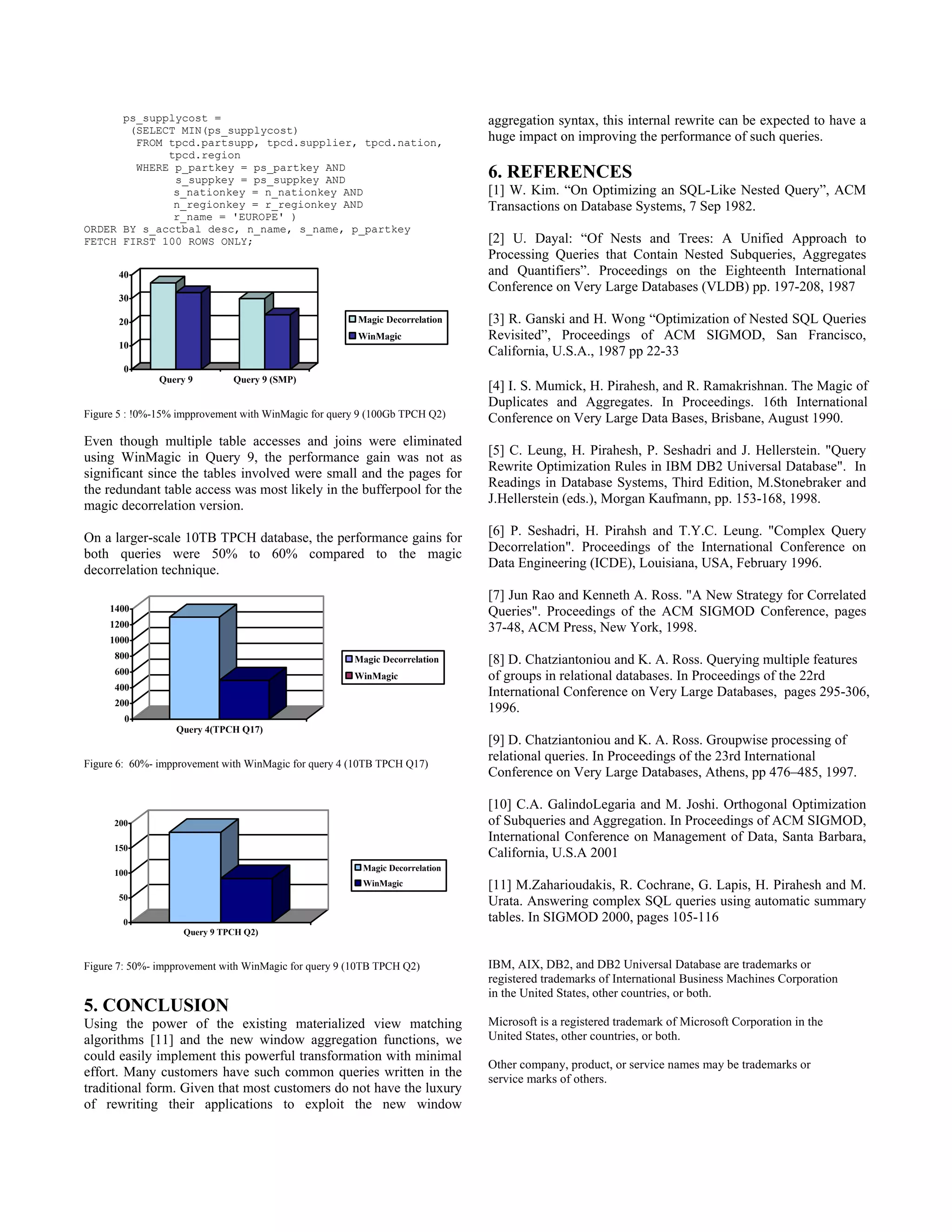 ps_supplycost =
(SELECT MIN(ps_supplycost)
FROM tpcd.partsupp, tpcd.supplier, tpcd.nation,
tpcd.region
WHERE p_partkey = ps_partkey AND
s_suppkey = ps_suppkey AND
s_nationkey = n_nationkey AND
n_regionkey = r_regionkey AND
r_name = 'EUROPE' )
ORDER BY s_acctbal desc, n_name, s_name, p_partkey
FETCH FIRST 100 ROWS ONLY;
0
10
20
30
40
Query 9 Query 9 (SMP)
Magic Decorrelation
WinMagic
Figure 5 : !0%-15% impprovement with WinMagic for query 9 (100Gb TPCH Q2)
Even though multiple table accesses and joins were eliminated
using WinMagic in Query 9, the performance gain was not as
significant since the tables involved were small and the pages for
the redundant table access was most likely in the bufferpool for the
magic decorrelation version.
On a larger-scale 10TB TPCH database, the performance gains for
both queries were 50% to 60% compared to the magic
decorrelation technique.
0
200
400
600
800
1000
1200
1400
Query 4(TPCH Q17)
Magic Decorrelation
WinMagic
Figure 6: 60%- impprovement with WinMagic for query 4 (10TB TPCH Q17)
0
50
100
150
200
Query 9 TPCH Q2)
Magic Decorrelation
WinMagic
Figure 7: 50%- impprovement with WinMagic for query 9 (10TB TPCH Q2)
5. CONCLUSION
Using the power of the existing materialized view matching
algorithms [11] and the new window aggregation functions, we
could easily implement this powerful transformation with minimal
effort. Many customers have such common queries written in the
traditional form. Given that most customers do not have the luxury
of rewriting their applications to exploit the new window
aggregation syntax, this internal rewrite can be expected to have a
huge impact on improving the performance of such queries.
6. REFERENCES
[1] W. Kim. “On Optimizing an SQL-Like Nested Query”, ACM
Transactions on Database Systems, 7 Sep 1982.
[2] U. Dayal: “Of Nests and Trees: A Unified Approach to
Processing Queries that Contain Nested Subqueries, Aggregates
and Quantifiers”. Proceedings on the Eighteenth International
Conference on Very Large Databases (VLDB) pp. 197-208, 1987
[3] R. Ganski and H. Wong “Optimization of Nested SQL Queries
Revisited”, Proceedings of ACM SIGMOD, San Francisco,
California, U.S.A., 1987 pp 22-33
[4] I. S. Mumick, H. Pirahesh, and R. Ramakrishnan. The Magic of
Duplicates and Aggregates. In Proceedings. 16th International
Conference on Very Large Data Bases, Brisbane, August 1990.
[5] C. Leung, H. Pirahesh, P. Seshadri and J. Hellerstein. "Query
Rewrite Optimization Rules in IBM DB2 Universal Database". In
Readings in Database Systems, Third Edition, M.Stonebraker and
J.Hellerstein (eds.), Morgan Kaufmann, pp. 153-168, 1998.
[6] P. Seshadri, H. Pirahsh and T.Y.C. Leung. "Complex Query
Decorrelation". Proceedings of the International Conference on
Data Engineering (ICDE), Louisiana, USA, February 1996.
[7] Jun Rao and Kenneth A. Ross. "A New Strategy for Correlated
Queries". Proceedings of the ACM SIGMOD Conference, pages
37-48, ACM Press, New York, 1998.
[8] D. Chatziantoniou and K. A. Ross. Querying multiple features
of groups in relational databases. In Proceedings of the 22rd
International Conference on Very Large Databases, pages 295-306,
1996.
[9] D. Chatziantoniou and K. A. Ross. Groupwise processing of
relational queries. In Proceedings of the 23rd International
Conference on Very Large Databases, Athens, pp 476–485, 1997.
[10] C.A. GalindoLegaria and M. Joshi. Orthogonal Optimization
of Subqueries and Aggregation. In Proceedings of ACM SIGMOD,
International Conference on Management of Data, Santa Barbara,
California, U.S.A 2001
[11] M.Zaharioudakis, R. Cochrane, G. Lapis, H. Pirahesh and M.
Urata. Answering complex SQL queries using automatic summary
tables. In SIGMOD 2000, pages 105-116
IBM, AIX, DB2, and DB2 Universal Database are trademarks or
registered trademarks of International Business Machines Corporation
in the United States, other countries, or both.
Microsoft is a registered trademark of Microsoft Corporation in the
United States, other countries, or both.
Other company, product, or service names may be trademarks or
service marks of others.
656
656
656
 