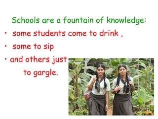 Schools are a fountain of knowledge: some students come to drink , some to sip  and others just to gargle. 