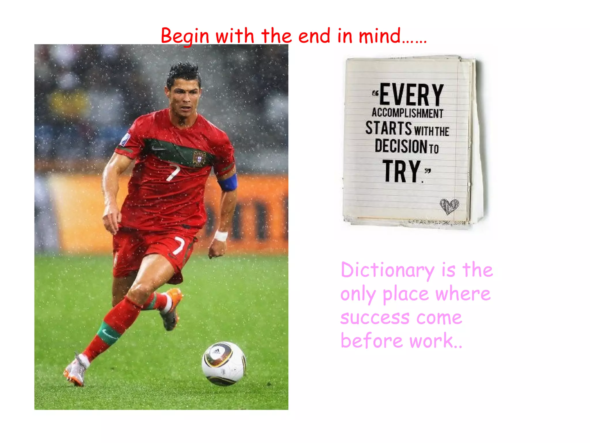 Begin with the end in mind……




                  Dictionary is the
                  only place where
                  success come
                  before work..
 