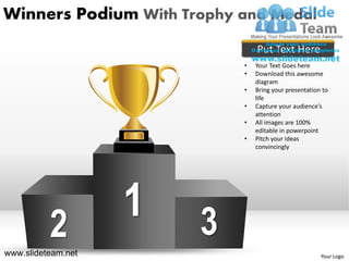 Winners Podium With Trophy and Medal
                                Put Text Here
                            •   Your Text Goes here
                            •   Download this awesome
                                diagram
                            •   Bring your presentation to
                                life
                            •   Capture your audience’s
                                attention
                            •   All images are 100%
                                editable in powerpoint
                            •   Pitch your ideas
                                convincingly




          2
                    1   3
www.slideteam.net                                      Your Logo
 