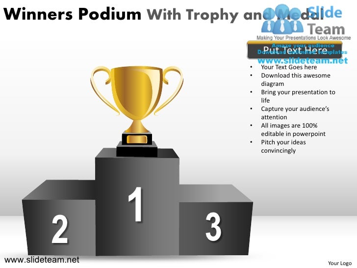 winners podium with trophy and medal powerpoint ppt templates