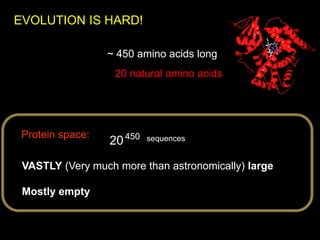Protein space:
VASTLY (Very much more than astronomically) large
Mostly empty
sequences20450
20 natural amino acids
EVOLUTION IS HARD!
~ 450 amino acids long
 