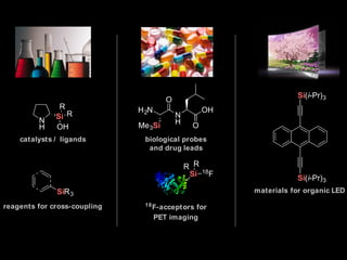 N
H
Si
OH
R
R
catalysts / ligands
SiR3
reagents for cross-coupling
Si
18
F-acceptors for
PET imaging
Si(i-Pr)3
Si(i-Pr)3
materials for organic LED
biological probes
and drug leads
O
N
H
H2N
Me3Si O
OH
18F
RR
3
 