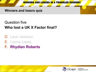 Winners and losers quiz Question five Who lost a UK X Factor final? Leon Jackson Leona Lewis Rhydian Roberts 