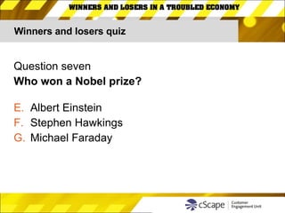 Winners and losers quiz Question seven Who won a Nobel prize? Albert Einstein Stephen Hawkings Michael Faraday 