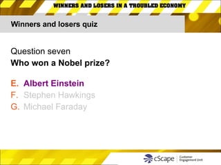 Winners and losers quiz Question seven Who won a Nobel prize? Albert Einstein Stephen Hawkings Michael Faraday 