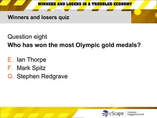 Winners and losers quiz Question eight Who has won the most Olympic gold medals? Ian Thorpe Mark Spitz Stephen Redgrave 