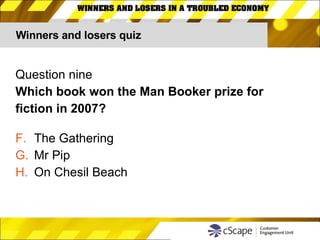 Winners and losers quiz Question nine Which book won the Man Booker prize for  fiction in 2007? The Gathering Mr Pip On Chesil Beach 
