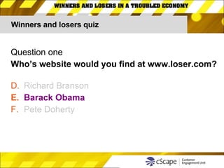 Winners and losers quiz Question one Who’s website would you find at www.loser.com? Richard Branson Barack Obama Pete Doherty 