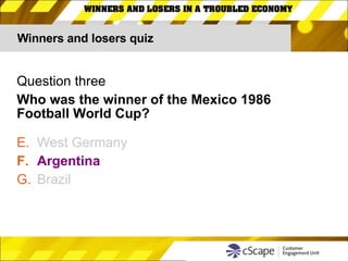 Winners and losers quiz Question three Who was the winner of the Mexico 1986  Football World Cup? West Germany Argentina Brazil 
