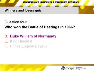 Winners and losers quiz Question four Who won the Battle of Hastings in 1066? Duke William of Normandy King Harold II Prince Eugene Bayeux 