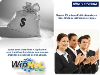 BÔNUS RESIDUAL 
Receba 2% sobre a Publicidade de sua 
rede, direta ou indireta até o 4 nível. 
Ajude seus down lines a duplicarem 
seus trabalhos, Lembre-se seu sucesso 
Depende do sucesso de sua Equipe. 
 