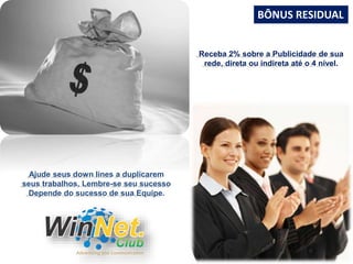BÔNUS RESIDUAL 
Receba 2% sobre a Publicidade de sua 
rede, direta ou indireta até o 4 nível. 
Ajude seus down lines a duplicarem 
seus trabalhos, Lembre-se seu sucesso 
Depende do sucesso de sua Equipe. 
 