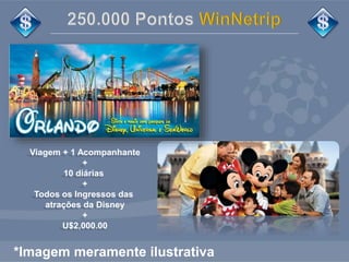 Viagem + 1 Acompanhante 
+ 
10 diárias 
+ 
Todos os Ingressos das 
atrações da Disney 
+ 
U$2,000.00 
*Imagem meramente ilustrativa 
 