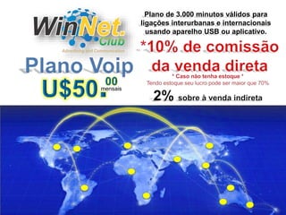 mensais 
Plano de 3.000 minutos válidos para 
ligações interurbanas e internacionais 
usando aparelho USB ou aplicativo. 
 