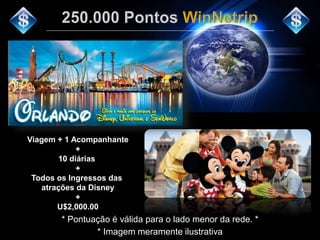 Viagem + 1 Acompanhante 
+ 
10 diárias 
+ 
Todos os Ingressos das 
atrações da Disney 
+ 
U$2,000.00 
* Pontuação é válida para o lado menor da rede. * 
* Imagem meramente ilustrativa 
 