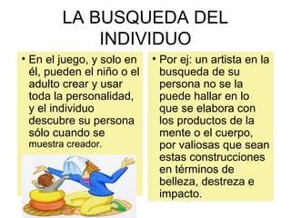 • En el juego, y solo en
él, pueden el niño o el
adulto crear y usar
toda la personalidad,
y el individuo
descubre su persona
sólo cuando se
muestra creador.
• Por ej: un artista en la
busqueda de su
persona no se la
puede hallar en lo
que se elabora con
los productos de la
mente o el cuerpo,
por valiosas que sean
estas construcciones
en términos de
belleza, destreza e
impacto.
LA BUSQUEDA DEL
INDIVIDUO
 