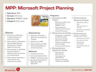 MPP: Microsoft Project Planning
                                                                                       Referência: MPP
This information cannot be copied to any 3rd party without prior written consent.




                                                                                       Duração: 24 horas                                                 Programa:
                                                                                       Standard: PMBOK® Guide                                             Introdução ao MS                     Planeamento da
                                                                                                                                                            Project                               Sequencia e Equipa
                                                                                       Categoria: Entry Level                                                 ◦ Aplicação do MS Project           ◦   Definição de Leads e
                                                                                                                                                                 de acordo com o                       Lags
                                                                                                                                                                 PMBOK® Guide                      ◦   Definição do tipo de
                                                                                                                                                               ◦ Boas práticas de                      recursos
                                                                                                                                                                 utilização da ferramenta          ◦   Definição de calendários
                                                                                                                                                               ◦ Apresentação geral                    de recursos
                                                                                    Objetivos:                        Destinatários:                         Planeamento do Âmbito              Planeamento do
                                                                                     Conhecer os diferentes             Gestores de Projeto e                ◦ Construção e codificação         Custo e do Prazo
                                                                                      modelos definição de                Membros de Equipas de                  da WBS do projeto
                                                                                                                                                                                                   ◦   Estimativas de duração
                                                                                      tarefas do projeto                  Projetos                             ◦ Natureza do âmbito
                                                                                                                                                                 técnico e de gestão               ◦   Estimativas de custo
                                                                                     Saber aplicar os diferentes        Membros do PMO
                                                                                                                                                               ◦ Definição dos diferentes          ◦   Resolução de
                                                                                      tipos de dependências,             Responsáveis por PMO,                  tipos de tarefas                      sobrecargas
                                                                                      sequências e modelos                Áreas da Qualidade ou                ◦ Princípio do Effort-Driven        ◦   Otimização do plano de
                                                                                      lógicos de execução                 Áreas Funcionais                                                             projeto
                                                                                                                                                             Planeamento da
                                                                                     Compreender os diferentes
                                                                                                                                                              Sequencia e Equipa
                                                                                      tipos de tarefas e o            Materiais:                               ◦ Natureza das
                                                                                      equilíbrio entre as variáveis      Handouts do Curso                      dependências
                                                                                      de caracterização                  Exercícios Desenvolvidos             ◦ Tipos lógicos de
                                                                                     Saber estimar durações e           PMBOK® Guide (opcional)                dependências
                                                                                      custos dentro das                  Microsoft Project 2010 -             ◦ Eventos: constraints,
                                                                                      restrições do projeto               Depressa & Bem                         milestones e deadlines
                                                                                                                          (Opcional)



                                                                                                                                                     11                                       Become Winners, TOGETHER.
 