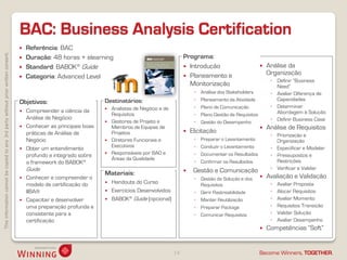 BAC: Business Analysis Certification
                                                                                       Referência: BAC
This information cannot be copied to any 3rd party without prior written consent.




                                                                                       Duração: 48 horas + elearning                                      Programa:
                                                                                       Standard: BABOK® Guide                                              Introdução                             Análise da
                                                                                                                                                            Planeamento e
                                                                                                                                                                                                     Organização
                                                                                       Categoria: Advanced Level
                                                                                                                                                                                                      ◦ Definir “Business
                                                                                                                                                             Monitorização                              Need”
                                                                                                                                                                ◦   Análise dos Stakeholders          ◦ Avaliar Diferença de
                                                                                                                      Destinatários:                            ◦   Planeamento da Atividade            Capacidades
                                                                                    Objetivos:
                                                                                                                         Analistas de Negócio e de             ◦   Plano de Comunicação              ◦ Determinar
                                                                                       Compreender a ciência da                                                                                        Abordagem à Solução
                                                                                                                          Requisitos                            ◦   Plano Gestão de Requisitos
                                                                                        Análise de Negócio                                                                                            ◦ Definir Business Case
                                                                                                                         Gestores de Projeto e                 ◦   Gestão do Desempenho
                                                                                       Conhecer as principais boas       Membros de Equipas de                                                     Análise de Requisitos
                                                                                        práticas de Análise de            Projetos                            Elicitação
                                                                                                                                                                                                      ◦ Priorização e
                                                                                        Negócio                          Diretores Funcionais e                ◦   Preparar o Levantamento             Organização
                                                                                                                          Executivos                            ◦   Conduzir o Levantamento           ◦ Especificar e Modelar
                                                                                       Obter um entendimento
                                                                                        profundo e integrado sobre       Responsáveis por BAO e                ◦   Documentar os Resultados          ◦ Pressupostos e
                                                                                                                          Áreas da Qualidade
                                                                                        a framework do BABOK®                                                   ◦   Confirmar os Resultados             Restrições
                                                                                        Guide                                                                  Gestão e Comunicação                  ◦ Verificar e Validar
                                                                                                                      Materiais:                                                                    Avaliação e Validação
                                                                                       Conhecer e compreender o                                                ◦ Gestão da Solução e dos
                                                                                        modelo de certificação do        Handouts do Curso                       Requisitos                          ◦   Avaliar Proposta
                                                                                        IIBA®                            Exercícios Desenvolvidos              ◦ Gerir Rastreabilidade               ◦   Alocar Requisitos
                                                                                       Capacitar e desenvolver          BABOK® Guide (opcional)               ◦ Manter Reutilização                 ◦   Avaliar Momento
                                                                                        uma preparação profunda e                                               ◦ Preparar Package                    ◦   Requisitos Transição
                                                                                        consistente para a                                                      ◦ Comunicar Requisitos                ◦   Validar Solução
                                                                                        certificação                                                                                                  ◦   Avaliar Desempenho
                                                                                                                                                                                                    Competências “Soft”


                                                                                                                                                      14                                         Become Winners, TOGETHER.
 