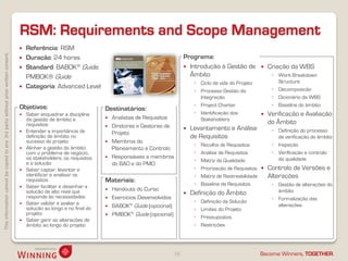 RSM: Requirements and Scope Management
                                                                                       Referência: RSM
This information cannot be copied to any 3rd party without prior written consent.




                                                                                       Duração: 24 horas                                                    Programa:
                                                                                       Standard: BABOK® Guide,                                               Introdução à Gestão de              Criação da WBS
                                                                                        PMBOK® Guide                                                           Âmbito                                ◦ Work Breakdown
                                                                                                                                                                  ◦ Ciclo de vida do Projeto           Structure
                                                                                       Categoria: Advanced Level                                                                                    ◦ Decomposição
                                                                                                                                                                  ◦ Processo Gestão da
                                                                                                                                                                    Integração                       ◦ Dicionário da WBS
                                                                                    Objetivos:                                                                    ◦ Project Charter                  ◦ Baseline do âmbito
                                                                                                                         Destinatários:
                                                                                       Saber enquadrar a disciplina                                              ◦ Identificação dos              Verificação e Avaliação
                                                                                        da gestão de âmbito e               Analistas de Requisitos                Stakeholders
                                                                                        requisitos                                                                                                  do Âmbito
                                                                                                                            Diretores e Gestores de            Levantamento e Análise
                                                                                       Entender a importância de            Projeto                                                                 ◦ Definição do processo
                                                                                        definição de âmbito no                                                   de Requisitos                         de verificação do âmbito
                                                                                        sucesso do projeto                  Membros do
                                                                                                                                                                  ◦   Recolha de Requisitos          ◦ Inspeção
                                                                                       Alinhar a gestão do âmbito           Planeamento e Controlo
                                                                                        com o problema de negócio,                                                ◦   Análise de Requisitos          ◦ Verificação e controlo
                                                                                        os stakeholders, os requisitos      Responsáveis e membros                                                    da qualidade
                                                                                        e a solução                                                               ◦   Matriz da Qualidade
                                                                                                                             do BAO e do PMO
                                                                                       Saber captar, levantar e                                                  ◦   Priorização de Requisitos    Controlo de Versões e
                                                                                        identificar e analisar os                                                 ◦   Matriz de Rastreabilidade     Alterações
                                                                                        requisitos                       Materiais:
                                                                                       Saber facilitar e desenhar a                                              ◦   Baseline de Requisitos         ◦ Gestão de alterações do
                                                                                        solução de alto nível que           Handouts do Curso                                                         âmbito
                                                                                                                                                                Definição do Âmbito
                                                                                        responde às necessidades            Exercícios Desenvolvidos                                                ◦ Formalização das
                                                                                       Saber validar e avaliar a                                                 ◦   Definição da Solução
                                                                                                                            BABOK® Guide (opcional)                                                   alterações
                                                                                        solução ao longo e no final do                                            ◦   Limites do Projeto
                                                                                        projeto                             PMBOK® Guide (opcional)              ◦   Pressupostos
                                                                                       Saber gerir as alterações de
                                                                                        âmbito ao longo do projeto                                                ◦   Restrições




                                                                                                                                                        16                                     Become Winners, TOGETHER.
 