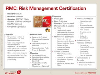 RMC: Risk Management Certification
                                                                                       Referência: RMC
This information cannot be copied to any 3rd party without prior written consent.




                                                                                       Duração: 24 horas                                                  Programa:
                                                                                       Standard: PMBOK® Guide,                                             Introdução                         Análise Quantitativa
                                                                                        Practice Standard for Project                                       Boas Práticas e                      ◦ Expected Monetary
                                                                                                                                                             Contexto Organizacional                Value
                                                                                        Risk Management
                                                                                                                                                            Planeamento da Gestão                ◦ Árvores de Decisão
                                                                                       Categoria: Expert Level                                                                                   ◦ Three Points Estimate
                                                                                                                                                             de Risco
                                                                                                                                                                ◦ Tailoring do Processo           ◦ PERT Analysis
                                                                                                                                                                ◦ Risk Breakdown Structure        ◦ Simulação Monte
                                                                                    Objetivos:                                                                  ◦ Plano de Gestão de Risco          Carlo
                                                                                                                        Destinatários:
                                                                                                                                                              Identificação dos Riscos           ◦ Análise de
                                                                                       Compreender a ciência da           Gestores de Projeto e                                                   Sensibilidade
                                                                                        gestão de risco e as boas           Membros de Equipas de               ◦   Recolha do Histórico
                                                                                        práticas associadas                 Projetos                            ◦   Levantamento da Situação    Planeamento da
                                                                                       Saber adaptar a gestão de
                                                                                                                           Diretores Funcionais e              ◦   Categorização dos Riscos     Resposta ao Risco
                                                                                        risco à realidade da                                                    ◦   Registo de Risco              ◦ Estratégia de
                                                                                        organização e do seu negócio
                                                                                                                            Executivos
                                                                                                                                                                ◦   Análise das Causas              Resposta às Ameaças
                                                                                       Saber aplicar com sucesso as       Responsáveis por PMO,
                                                                                                                            Áreas da Qualidade                  ◦   Modelão do Risco              ◦ Estratégia de
                                                                                        técnicas de gestão de risco                                                                                 Resposta às
                                                                                                                                                              Análise Qualitativa
                                                                                       Obter a preparação adequada     Materiais:                                                                  Oportunidades
                                                                                                                                                                ◦ Matriz Probabilidade x
                                                                                        para a certificação PMI® Risk      Handouts do Curso                     Impacto                         ◦ Plano de Resposta
                                                                                        Management Professional            Exercícios Desenvolvidos            ◦ Avaliação de Importância      Monitorização e
                                                                                        (PMI®-RMP)®                        PMBOK® Guide                        ◦ Probabilidade, Impacto e
                                                                                                                            (opcional)                                                           Controlo
                                                                                                                                                                  Importância
                                                                                                                           Practice Standard for                                                   Identificar Novos Riscos
                                                                                                                                                                ◦ Ranking do Riscos e Risco
                                                                                                                            Project Risk                          Global                            Implementar Plano
                                                                                                                            Management (Opcional)



                                                                                                                                                       6                                     Become Winners, TOGETHER.
 