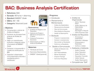 Thisinformationcannotbecopiedtoany3rdpartywithoutpriorwrittenconsent.
Become Winners, TOGETHER.
BAC: Business Analysis Certification
14
 Referência: BAC
 Duração: 48 horas + elearning
 Standard: BABOK® Guide
 CDU’s: 48 + 48
 Categoria: Advanced Level
 Análise da
Organização
◦ Definir “Business
Need”
◦ Avaliar Diferença de
Capacidades
◦ Determinar
Abordagem à Solução
◦ Definir Business Case
 Análise de Requisitos
◦ Priorização e
Organização
◦ Especificar e Modelar
◦ Pressupostos e
Restrições
◦ Verificar e Validar
 Avaliação e Validação
◦ Avaliar Proposta
◦ Alocar Requisitos
◦ Avaliar Momento
◦ Requisitos Transição
◦ Validar Solução
◦ Avaliar Desempenho
 Competências “Soft”
Objetivos:
 Compreender a ciência da
Análise de Negócio
 Conhecer as principais boas
práticas de Análise de
Negócio
 Obter um entendimento
profundo e integrado sobre
a framework do BABOK®
Guide
 Conhecer e compreender o
modelo de certificação do
IIBA
 Capacitar e desenvolver
uma preparação profunda e
consistente para a
certificação
Destinatários:
 Analistas de Negócio e de
Requisitos
 Gestores de Projeto e
Membros de Equipas de
Projetos
 Diretores Funcionais e
Executivos
 Responsáveis por BAO e
Áreas da Qualidade
Materiais:
 Handouts do Curso
 Exercícios Desenvolvidos
 BABOK® Guide (opcional)
Programa:
 Introdução
 Planeamento e
Monitorização
◦ Análise dos Stakeholders
◦ Planeamento da Atividade
◦ Plano de Comunicação
◦ Plano Gestão de Requisitos
◦ Gestão do Desempenho
 Elicitação
◦ Preparar o Levantamento
◦ Conduzir o Levantamento
◦ Documentar os Resultados
◦ Confirmar os Resultados
 Gestão e Comunicação
◦ Gestão da Solução e dos
Requisitos
◦ Gerir Rastreabilidade
◦ Manter Reutilização
◦ Preparar Package
◦ Comunicar Requisitos
 