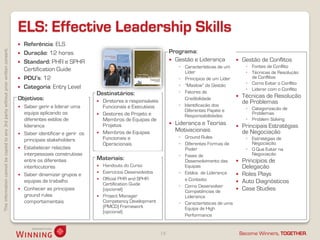 Thisinformationcannotbecopiedtoany3rdpartywithoutpriorwrittenconsent.
Become Winners, TOGETHER.
ELS: Effective Leadership Skills
18
 Referência: ELS
 Duração: 12 horas
 Standard: PHR e SPHR
Certification Guide
 PDU’s: 12
 Categoria: Entry Level
Programa:
 Gestão e Liderança
◦ Características de um
Líder
◦ Princípios de um Líder
◦ “Maslow” da Gestão
◦ Fatores de
Credibilidade
◦ Identificação dos
Diferentes Papéis e
Responsabilidades
 Liderança e Teorias
Motivacionais
◦ Ground Rules
◦ Diferentes Formas de
Poder
◦ Fases de
Desenvolvimento das
Equipas
◦ Estilos de Liderança
e Contexto
◦ Como Desenvolver
Competências de
Liderança
◦ Características de uma
Equipa de High
Performance
 Gestão de Conflitos
◦ Fontes de Conflito
◦ Técnicas de Resolução
de Conflitos
◦ Como Evitar o Conflito
◦ Liderar com o Conflito
 Técnicas de Resolução
de Problemas
◦ Categorização de
Problemas
◦ Problem Solving
 Principais Estratégias
de Negociação
◦ Estratégias de
Negociação
◦ O Que Evitar na
Negociação
 Princípios de
Delegação
 Roles Plays
 Auto Diagnósticos
 Case Studies
Objetivos:
 Saber gerir e liderar uma
equipa aplicando os
diferentes estilos de
liderança
 Saber identificar e gerir os
principais stakeholders
 Estabelecer relações
interpessoais construtivas
entre os diferentes
interlocutores
 Saber dinamizar grupos e
equipas de trabalho
 Conhecer as principais
ground rules
comportamentais
Destinatários:
 Diretores e responsáveis
Funcionais e Executivos
 Gestores de Projeto e
Membros de Equipas de
Projetos
 Membros de Equipas
Funcionais e
Operacionais
Materiais:
 Handouts do Curso
 Exercícios Desenvolvidos
 Official PHR and SPHR
Certification Guide
(opcional)
 Project Manager
Competency Development
(PMCD) Framework
(opcional)
 