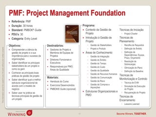 PMF: Project Management Foundation
                                                                                       Referência: PMF
                                                                                       Duração: 30 horas                                                      Programa:
                                                                                       Standard: PMBOK® Guide                                                  Contexto da Gestão de              Técnicas de Iniciação
                                                                                       PDU’s: 30                                                                Projeto                              ◦ Project Charter

                                                                                       Categoria: Entry Level                                                  Introdução à Gestão de             Técnicas de
                                                                                                                                                                 Projeto                             Planeamento
                                                                                    Objetivos:                             Destinatários:                           ◦ Gestão de Stakeholders          ◦ Recolha de Requisitos
This information cannot be copied to any 3rd party without prior written consent.




                                                                                       Compreender a ciência da              Gestores de Projeto e                ◦ Projeto e Produto               ◦ Definição de Âmbito
                                                                                        gestão de projeto e a sua              Membros de Equipas de              Áreas de Conhecimento              ◦ Definição de
                                                                                        importância para o sucesso da          Projetos                                                                 Dependências, Equipa,
                                                                                                                                                                    ◦   Gestão da Integração
                                                                                                                                                                                                        Prazo, Orçamento
                                                                                        organizações                          Diretores Funcionais e               ◦   Gestão do Âmbito
                                                                                                                                                                                                      ◦ Resolução de
                                                                                       Saber identificar os principais        Executivos                           ◦   Gestão do Tempo                 Sobrecargas
                                                                                        stakeholders de um projeto e          Responsáveis por PMO,                ◦   Gestão do Custo               ◦ Otimização do Plano
                                                                                        como os gerir                          Áreas da Qualidade                   ◦   Gestão da Qualidade           ◦ Definição da Baseline
                                                                                       Conhecer as principais boas                                                 ◦   Gestão de Recursos Humanos
                                                                                        práticas de gestão de projeto                                                                               Técnicas de
                                                                                                                           Materiais:                               ◦   Gestão da Comunicação
                                                                                                                                                                                                     Monitorização e Controlo
                                                                                       Saber identificar qual a melhor
                                                                                                                              Handouts do Curso                    ◦   Gestão de Risco
                                                                                        estrutura organizacional de                                                                                   ◦ Técnica de EVM
                                                                                                                               Exercícios Desenvolvidos             ◦   Gestão de Compras e
                                                                                        acordo com o modelo de                                                                                       ◦ Simulação da Execução
                                                                                                                                                                        Aquisições
                                                                                        negócio                               PMBOK® Guide (opcional)                                                  do Projeto
                                                                                       Saber usar na prática as
                                                                                                                                                                  Estruturas Organizacionais e       ◦ Recuperação do Projeto
                                                                                        técnicas principais de gestão de                                           PMO
                                                                                                                                                                                                    Técnicas de
                                                                                        um projeto                                                                                                   Encerramento
                                                                                                                                                                                                      ◦ Lessons Learned



                                                                                                                                                          19                                    Become Winners, TOGETHER.
 