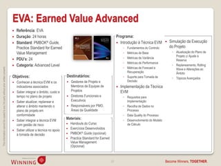 EVA: Earned Value Advanced
                                                                                       Referência: EVA
                                                                                       Duração: 24 horas                                                           Programa:
                                                                                       Standard: PMBOK® Guide,                                                      Introdução à Técnica EVM            Simulação da Execução
                                                                                        Practice Standard for Earned                                                     ◦ Fundamentos do Controlo         do Projeto
                                                                                        Value Management                                                                 ◦ Métricas de Base                 ◦ Atualização do Plano de
                                                                                                                                                                                                              Projeto c/ Ajuste à
                                                                                       PDU’s: 24                                                                        ◦ Métricas de Variância
                                                                                                                                                                                                              Reserva
                                                                                                                                                                         ◦ Métricas de Performance
                                                                                       Categoria: Advanced Level                                                                                           ◦ Replaneamento, Rolling
                                                                                                                                                                         ◦ Métricas de Forecast e
This information cannot be copied to any 3rd party without prior written consent.




                                                                                                                                                                                                              Wave e Alterações ao
                                                                                                                                                                           Recuperação                        Âmbito
                                                                                    Objetivos:                              Destinatários:                               ◦ Suporte para Tomada de           ◦ Tópicos Avançados
                                                                                       Conhecer a técnica EVM e os            Gestores de Projeto e                      Decisão
                                                                                        indicadores associados                  Membros de Equipas de                  Implementação da Técnica
                                                                                       Saber integrar o âmbito, custo e        Projetos                                EVM
                                                                                        tempo no plano de projeto              Diretores Funcionais e                   ◦ Requisitos para
                                                                                       Saber atualizar, replanear e            Executivos                                 Implementação
                                                                                        alterar o âmbito mantendo o            Responsáveis por PMO,                    ◦ Recolha de Dados no
                                                                                        plano de projeto em                     Áreas da Qualidade                         Processo
                                                                                        conformidade                                                                     ◦ Data Quality do Processo
                                                                                       Saber integrar a técnica EVM
                                                                                                                            Materiais:                                   ◦ Desenvolvimento do Modelo
                                                                                        com gestão de risco                    Handouts do Curso                          de Cálculo
                                                                                       Saber utilizar a técnica no apoio      Exercícios Desenvolvidos
                                                                                        à tomada de decisão                    PMBOK® Guide (opcional)
                                                                                                                               Practice Standard for Earned
                                                                                                                                Value Management
                                                                                                                                (Opcional)



                                                                                                                                                               23                                      Become Winners, TOGETHER.
 