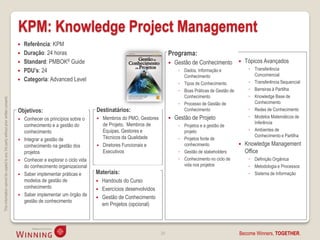 KPM: Knowledge Project Management
                                                                                       Referência: KPM
                                                                                       Duração: 24 horas                                                      Programa:
                                                                                       Standard: PMBOK® Guide                                                    Gestão de Conhecimento             Tópicos Avançados
                                                                                       PDU’s: 24                                                                   ◦ Dados, Informação e               ◦ Transferência
                                                                                                                                                                      Conhecimento                        Concorrencial
                                                                                       Categoria: Advanced Level                                                                                       ◦ Transferência Sequencial
                                                                                                                                                                    ◦ Tipos de Conhecimento
                                                                                                                                                                    ◦ Boas Práticas de Gestão de        ◦ Barreiras à Partilha
                                                                                                                                                                      Conhecimento                      ◦ Knowledge Base de
This information cannot be copied to any 3rd party without prior written consent.




                                                                                                                                                                    ◦ Processo de Gestão de               Conhecimento
                                                                                    Objetivos:                             Destinatários:                             Conhecimento                      ◦ Redes de Conhecimento
                                                                                       Conhecer os princípios sobre o        Membros do PMO, Gestores           Gestão de Projeto                    ◦ Modelos Matemáticos de
                                                                                                                               de Projeto, Membros de                                                     Inferência
                                                                                        conhecimento e a gestão do                                                  ◦ Projetos e a gestão de
                                                                                        conhecimento                           Equipas, Gestores e                    projeto                           ◦ Ambientes de
                                                                                                                               Técnicos da Qualidade                                                      Conhecimento e Partilha
                                                                                       Integrar a gestão de                                                        ◦ Projetos fonte de
                                                                                        conhecimento na gestão dos            Diretores Funcionais e                 conhecimento                    Knowledge Management
                                                                                        projetos                               Executivos                           ◦ Gestão de stakeholders           Office
                                                                                       Conhecer e explorar o ciclo vida                                            ◦ Conhecimento no ciclo de          ◦ Definição Orgânica
                                                                                        do conhecimento organizacional                                                vida nos projetos                 ◦ Metodologia e Processos
                                                                                       Saber implementar práticas e       Materiais:                                                                   ◦ Sistema de Informação
                                                                                        modelos de gestão de                Handouts do Curso
                                                                                        conhecimento                        Exercícios desenvolvidos
                                                                                       Saber implementar um órgão de
                                                                                                                            Gestão de Conhecimento
                                                                                        gestão de conhecimento
                                                                                                                             em Projetos (opcional)




                                                                                                                                                          29                                       Become Winners, TOGETHER.
 