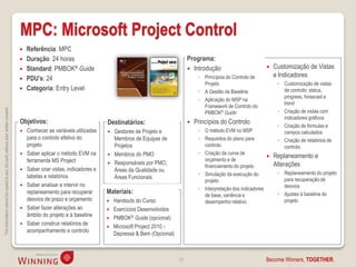 MPC: Microsoft Project Control
                                                                                       Referência: MPC
                                                                                       Duração: 24 horas                                                        Programa:
                                                                                       Standard: PMBOK® Guide                                                    Introdução                            Customização de Vistas
                                                                                                                                                                      ◦ Princípios do Controlo de         e Indicadores
                                                                                       PDU’s: 24
                                                                                                                                                                        Projeto                            ◦ Customização de vistas
                                                                                       Categoria: Entry Level                                                        ◦ A Gestão da Baseline                 de controlo: status,
                                                                                                                                                                                                             progress, forescast e
                                                                                                                                                                      ◦ Aplicação do MSP na
                                                                                                                                                                                                             trend
                                                                                                                                                                        Framework de Controlo do
This information cannot be copied to any 3rd party without prior written consent.




                                                                                                                                                                        PMBOK® Guide                       ◦ Criação de vistas com
                                                                                                                                                                                                             indicadores gráficos
                                                                                    Objetivos:                              Destinatários:                          Princípios do Controlo
                                                                                                                                                                                                           ◦ Criação de fórmulas e
                                                                                       Conhecer as variáveis utilizadas       Gestores de Projeto e                 ◦ O método EVM no MSP                  campos calculados
                                                                                        para o controlo efetivo do              Membros de Equipas de                 ◦ Requisitos do plano para           ◦ Criação de relatórios de
                                                                                        projeto                                 Projetos                                controlo                             controlo
                                                                                       Saber aplicar o método EVM na           Membros do PMO                        ◦ Criação da curva de
                                                                                                                            
                                                                                                                                                                        orçamento e de
                                                                                                                                                                                                         Replaneamento e
                                                                                        ferramenta MS Project                   Responsáveis por PMO,
                                                                                                                            
                                                                                                                                                                        financiamento do projeto          Alterações
                                                                                       Saber criar vistas, indicadores e       Áreas da Qualidade ou
                                                                                                                                                                      ◦ Simulação da execução do           ◦ Replaneamento do projeto
                                                                                        tabelas e relatórios                    Áreas Funcionais
                                                                                                                                                                        projeto                              para recuperação de
                                                                                       Saber analisar e intervir no                                                                                         desvios
                                                                                                                                                                      ◦ Interpretação dos indicadores
                                                                                        replaneamento para recuperar        Materiais:                                  de base, variância e               ◦ Ajustes à baseline do
                                                                                        desvios de prazo e orçamento           Handouts do Curso                       desempenho relativo                  projeto
                                                                                       Saber fazer alterações ao              Exercícios Desenvolvidos
                                                                                        âmbito do projeto e à baseline
                                                                                                                               PMBOK® Guide (opcional)
                                                                                       Saber construir relatórios de
                                                                                                                               Microsoft Project 2010 -
                                                                                        acompanhamento e controlo
                                                                                                                                Depressa & Bem (Opcional)



                                                                                                                                                            33                                       Become Winners, TOGETHER.
 