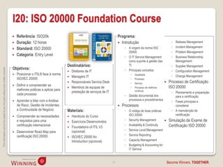 I20: ISO 20000 Foundation Course
                                                                                       Referência: ISO20k                                                      Programa:
                                                                                       Duração: 12 horas                                                        Introdução                              ◦ Release Management
                                                                                                                                                                     ◦ A origem da norma ISO              ◦ Incident Management
                                                                                       Standard: ISO 20000
                                                                                                                                                                       20000                              ◦ Problem Management
                                                                                       Categoria: Entry Level                                                       ◦ O IT Service Management            ◦ Business Relationship
                                                                                                                                                                       como suporte à gestão das            Management
                                                                                                                           Destinatários:                              TI                                 ◦ Supplier Management
                                                                                    Objetivos:
This information cannot be copied to any 3rd party without prior written consent.




                                                                                                                            Diretores de IT                         ◦ Principais conceitos               ◦ Configuration Management
                                                                                       Posicionar o ITIL® face à norma                                                     Qualidade
                                                                                                                            Managers IT                                                                  ◦ Change Management
                                                                                        ISO/IEC 20000                                                                       Processo
                                                                                                                            Responsáveis Service Desk                      Serviço                    Processo de Certificação
                                                                                       Definir e compreender as
                                                                                                                            Membros de equipas de                          Processo de melhoria        ISO 20000
                                                                                        melhores práticas a aplicar para                                                     contínua
                                                                                                                             prestação de serviços de IT                                                  ◦ Planeamento e preparação
                                                                                        cada processo                                                                ◦ Gestão documental dos                para a certificação
                                                                                        Aprender a lidar com a Análise                                                 processos e procedimentos
                                                                                                                                                                                                         ◦ Fases principais a
                                                                                        de Risco, Gestão de Incidentes                                             Processos                               considerar
                                                                                        e Continuidade de Negócio          Materiais:                                ◦ O código de boas práticas          ◦ A manutenção da
                                                                                       Compreender as necessidades           Handouts do Curso                       ISO 20000                            certificação
                                                                                        e requisitos para uma                                                        ◦ Security Management              Simulação de Exame de
                                                                                                                              Exercícios Desenvolvidos
                                                                                        certificação internacional                                                   ◦ Availability & Continuity         Certificação ISO 20000
                                                                                                                              Foundations of ITIL V3
                                                                                                                               (opcional)                            ◦ Service Level Management
                                                                                       Desenvolver Road Map para
                                                                                        certificação ISO 20000                                                       ◦ Service Reporting
                                                                                                                              ISO/IEC 20000 An
                                                                                                                               Introduction (opcional)               ◦ Capacity Management
                                                                                                                                                                     ◦ Budgeting & Accounting for
                                                                                                                                                                       IT Service


                                                                                                                                                           15                                           Become Winners, TOGETHER.
 