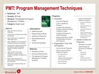 PMT: Program Management Techniques
                                                                                       Referência: PMT
                                                                                       Duração: 40 horas                                                           Programa:
                                                                                       Standard: The Standard for Program                                           Introdução                                 ◦ Grupo de Processos da
                                                                                                                                                                                                                   Gestão de Programa
                                                                                        Management, 3rd Edition                                                         ◦ O que são Programas
                                                                                                                                                                                                                      Grupo de Processos da
                                                                                       Categoria: Expert Level                                                         ◦ O que é a Gestão de                          Iniciação
                                                                                                                                                                          Programa                                    Grupo de Processos do
                                                                                                                                                                        ◦ A relação entre Gestão de                    Planeamento
                                                                                    Objetivos:                                  Destinatários:                            Programa, Gestão de Portfólio               Grupo de Processos da
This information cannot be copied to any 3rd party without prior written consent.




                                                                                       Saber gerir Ciclo de Vida dos                                                     e Gestão de Projeto                          Execução
                                                                                        Programas
                                                                                                                                 Gestão Executiva
                                                                                                                                                                                                                      Grupo de Processos da
                                                                                                                                 Program/Project Officers              ◦ A Gestão de Programa e a                     Monitorização e Controlo
                                                                                       Compreender a importância da Gestão
                                                                                        de Programa
                                                                                                                                                                          Gestão Estratégica
                                                                                                                                 Gestores de Programas                                                               Grupo de Processos do
                                                                                        Saber implementar uma gestão de                                                 ◦ Gestão de Benefícios, Gestão                 Encerramento
                                                                                    
                                                                                                                                 Gestores/Diretores de                   de Stakeholders e Governo
                                                                                        stakeholders eficaz
                                                                                                                                  Projeto                                                                       Gestão de Risco em
                                                                                                                                                                          dos Programas
                                                                                       Saber estabelecer uma metodologia e
                                                                                                                                 Técnicos de Qualidade
                                                                                                                                                                                                                 Programas
                                                                                        framework de governo do programa                                               Organização e Ciclo Vida                 ◦ Definições e Conceitos
                                                                                       Compreender a relação entre Gestão                                              do Programa
                                                                                        de Programa, Gestão Estratégica,                                                                                         ◦ Implementação dos
                                                                                        Gestão de Portfólio e Gestão de                                                 ◦ Ciclo de vida dos Programas              Processos de Gestão de
                                                                                        Projeto                                 Materiais:
                                                                                                                                                                        ◦ Fases do ciclo de Vida da                Risco
                                                                                        Saber avaliar a forma como                Handouts do Curso                     Gestão do Programa                          Planeamento
                                                                                        alterações ao projeto poderão              Exercícios Desenvolvidos                 Pre-Program Set Up                      Identificação
                                                                                        ameaçar ou beneficiar os objetivos do
                                                                                        programa                                   The Standard for Program                 Program Set Up                          Análise

                                                                                       Saber adotar mecanismos de                  Management, 3rd Edition                  Establish Program Management            Respostas aos Riscos
                                                                                        Monitorização e Controlo baseados na                                                  and Technical Infraestruture             Monitorização e Controlo
                                                                                                                                    (opcional)                                                                     
                                                                                        técnica de EVM                                                                       Deliver the Benefits
                                                                                       Saber aplicar a Gestão de Risco em                                                   Close the Program
                                                                                        Programas



                                                                                                                                                               21                                            Become Winners, TOGETHER.
 