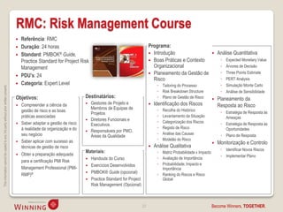 RMC: Risk Management Course
                                                                                       Referência: RMC
                                                                                       Duração: 24 horas                                                          Programa:
                                                                                       Standard: PMBOK® Guide,                                                     Introdução                               Análise Quantitativa
                                                                                        Practice Standard for Project Risk                                          Boas Práticas e Contexto                   ◦   Expected Monetary Value
                                                                                        Management                                                                   Organizacional                             ◦   Árvores de Decisão
                                                                                                                                                                    Planeamento da Gestão de                   ◦   Three Points Estimate
                                                                                       PDU’s: 24
                                                                                                                                                                     Risco                                      ◦   PERT Analysis
                                                                                       Categoria: Expert Level                                                         ◦ Tailoring do Processo                 ◦   Simulação Monte Carlo
This information cannot be copied to any 3rd party without prior written consent.




                                                                                                                                                                        ◦ Risk Breakdown Structure              ◦   Análise de Sensibilidade
                                                                                    Objetivos:                            Destinatários:                                ◦ Plano de Gestão de Risco            Planeamento da
                                                                                                                             Gestores de Projeto e                   Identificação dos Riscos
                                                                                       Compreender a ciência da
                                                                                                                              Membros de Equipas de
                                                                                                                                                                                                               Resposta ao Risco
                                                                                        gestão de risco e as boas                                                       ◦   Recolha do Histórico
                                                                                                                              Projetos                                                                          ◦ Estratégia de Resposta às
                                                                                        práticas associadas                                                             ◦   Levantamento da Situação              Ameaças
                                                                                                                             Diretores Funcionais e                    ◦   Categorização dos Riscos
                                                                                       Saber adaptar a gestão de risco       Executivos                                                                        ◦ Estratégia de Resposta às
                                                                                        à realidade da organização e do                                                 ◦   Registo de Risco                      Oportunidades
                                                                                                                             Responsáveis por PMO,
                                                                                        seu negócio                                                                     ◦   Análise das Causas                  ◦ Plano de Resposta
                                                                                                                              Áreas da Qualidade
                                                                                        Saber aplicar com sucesso as                                                    ◦   Modelão do Risco
                                                                                                                                                                                                             Monitorização e Controlo
                                                                                        técnicas de gestão de risco                                                   Análise Qualitativa
                                                                                                                          Materiais:                                                                            ◦ Identificar Novos Riscos
                                                                                       Obter a preparação adequada                                                     ◦ Matriz Probabilidade x Impacto
                                                                                                                                                                                                                ◦ Implementar Plano
                                                                                                                             Handouts do Curso                         ◦ Avaliação de Importância
                                                                                        para a certificação PMI Risk
                                                                                                                             Exercícios Desenvolvidos                  ◦ Probabilidade, Impacto e
                                                                                        Management Professional (PMI-                                                     Importância
                                                                                                                             PMBOK® Guide (opcional)                   ◦ Ranking do Riscos e Risco
                                                                                        RMP)®
                                                                                                                             Practice Standard for Project               Global
                                                                                                                              Risk Management (Opcional)



                                                                                                                                                              22                                           Become Winners, TOGETHER.
 