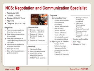 NCS: Negotiation and Communication Specialist
                                                                                       Referência: NCS
                                                                                       Duração: 12 horas                                                    Programa:
                                                                                       Standard: PMBOK® Guide                                                Comunicação e Poder                   ◦ Estratégias e Técnicas
                                                                                                                                                                                                       de Negociação
                                                                                       PDU’s: 12                                                                 ◦ Processo de Comunicação
                                                                                                                                                                                                       Competitivas
                                                                                                                                                                  ◦ Comportamento e
                                                                                       Categoria: Advanced Level                                                   Comunicação
                                                                                                                                                                                                     ◦ Técnicas de
                                                                                                                                                                                                       Argumentação e
                                                                                                                                                                  ◦ Técnicas de Apresentação           Persuasão
                                                                                    Objetivos:                           Destinatários:                           ◦ Falar em Público                 ◦ Gestão de Procurement
This information cannot be copied to any 3rd party without prior written consent.




                                                                                       Reconhecer as competências          Diretores e responsáveis             ◦ Técnicas de Escrita              ◦ Processo de Venda
                                                                                        de um bom comunicador                Funcionais e Executivos
                                                                                                                                                                  ◦ Técnicas de Feedback               Consultiva
                                                                                       Saber desenvolver estratégias       Gestores de Projeto e                ◦ Gestão de Reuniões               ◦ Negociação e fecho de
                                                                                        de negociação                        Membros de Equipas de                                                     Negócio
                                                                                                                                                                  ◦ Comunicação Empresarial
                                                                                       Saber aplicar estratégias de         Projetos
                                                                                                                                                                  ◦ Comunicação e Influência       Gestão das Emoções
                                                                                        comunicação para o sucesso da       Gestores de Procurement
                                                                                        negociação                                                              Negociações de Sucesso            Role Plays
                                                                                       Reconhecer as competências                                                ◦ Relações Win/Win               Métodos do Caso
                                                                                        de um bom negociador                                                      ◦ Estilos de Negociação
                                                                                                                         Materiais:
                                                                                        Saber gerir reuniões                                                      ◦ Negociação e Conflito
                                                                                                                           Handouts do Curso
                                                                                                                                                                  ◦ Competências de um Bom
                                                                                       Saber aplicar boas práticas na      Exercícios Desenvolvidos               Negociador
                                                                                        gestão de compras
                                                                                                                            Como Conduzir Uma                    ◦ Preparação da Negociação
                                                                                                                             Negociação (opcional)
                                                                                                                            PMBOK® Guide (opcional)




                                                                                                                                                        36                                     Become Winners, TOGETHER.
 