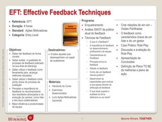 EFT: Effective Feedback Techniques
                                                                                       Referência: EFT                                                   Programa:
                                                                                       Duração: 4 horas                                                   Enquadramento                       Criar relações de win win –
                                                                                                                                                           Análise SWOT da prática              Visões Partilhadas
                                                                                       Standard: Ações Motivadoras
                                                                                                                                                            atual do feedback                   O feedback como
                                                                                       Categoria: Entry Level
                                                                                                                                                           Técnicas de Feedback                 característica chave de um
                                                                                                                                                               ◦ O que é o feedback?             líder e de um gestor
                                                                                                                                                               ◦ A importância do feedback      Caso Prático: Role Play
                                                                                                                                                                 no desenvolvimento
                                                                                    Objetivos:                             Destinatários:                                                       Discussão e avaliação do
This information cannot be copied to any 3rd party without prior written consent.




                                                                                                                                                                 profissional e da equipa
                                                                                       Saber dar feedback de forma           A todos aqueles que             ◦ Características do
                                                                                                                                                                                                 Role Play
                                                                                        correta                                desempenham um papel              Feedback                       Apresentação de
                                                                                       Saber avaliar a qualidade do           de avaliadores
                                                                                        processo de feedback praticado
                                                                                                                                                               ◦ Principais erros no             Conclusões
                                                                                                                                                                 feedback
                                                                                        na sua área de liderança                                                                                Definição de Plano TO BE
                                                                                                                                                               ◦ Atitude no feedback
                                                                                       Saber utilizar o feedback como                                                                           de melhorias e plano de
                                                                                        ferramenta para alcançar                                               ◦ Como dar um feedback
                                                                                        melhores resutados                                                       menos positivo?                 ação
                                                                                       Saber utilizar o feedback como                                         ◦ Desenvolver as
                                                                                        ponto chave do processo de         Materiais:                            capacidades para motivar
                                                                                        avaliação                                                                a sua equipa através da
                                                                                                                               Handouts do Curso
                                                                                       Perceber a importância do                                                atribuição de feedback
                                                                                                                               Exercícios                     ◦ O que fazer quando o
                                                                                        feedback no reconhecimento
                                                                                        dos resultados alcançados e na          Desenvolvidos                    avaliado se torna
                                                                                        evolução da carreira como líder        Livro:Ações Motivadoras          defensivo ou se retrai?
                                                                                        e dos seus colaboradores                (opcional)
                                                                                       Maior eficiência e produtividade
                                                                                        da equipa



                                                                                                                                                          41                                     Become Winners, TOGETHER.
 