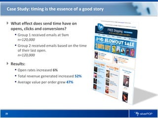Case Study: timing is the essence of a good story What effect does send time have on opens, clicks and conversions? Group 1 received emails at 9am  n=120,000 Group 2 received emails based on the time of their last open.  n=120,000 Results: Open rates increased  6% Total revenue generated increased  52% Average value per order grew  47% 