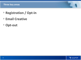Three key areas Registration / Opt-in Email Creative Opt-out  