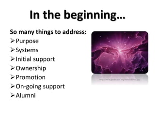 In the beginning…
So many things to address:
Purpose
Systems
Initial support
Ownership
Promotion
On-going support
Alumni
http://www.gbcdecatur.org/files/Creation.jpg