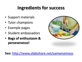 Ingredients for success
• Support materials
• Tutor champions
• Example pages
• Student ambassadors
• Bags of enthusiasm &
perseverance!
See: http://www.slideshare.net/samwisemoss