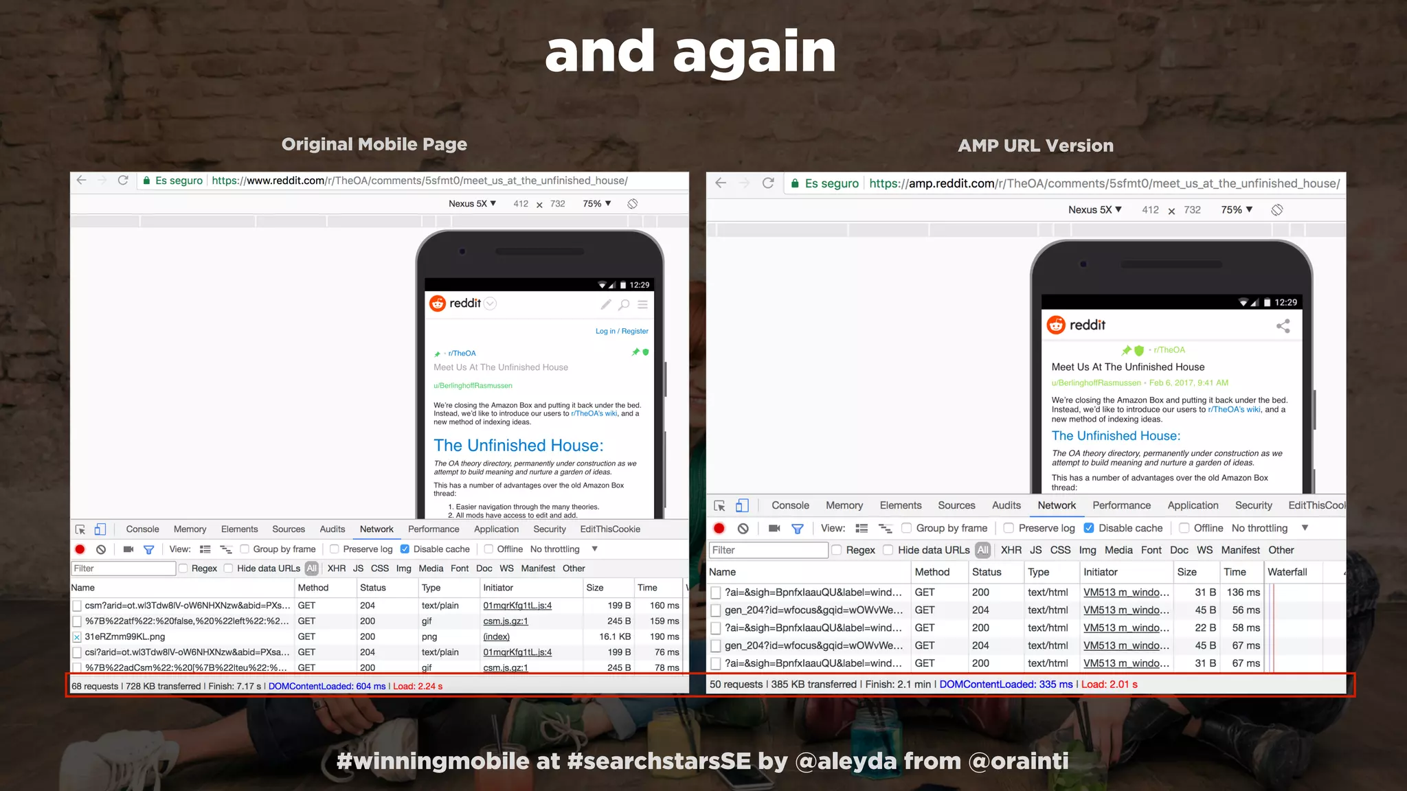 #winningmobile at #searchstarsSE by @aleyda from @orainti
and again
Original Mobile Page AMP URL Version
 