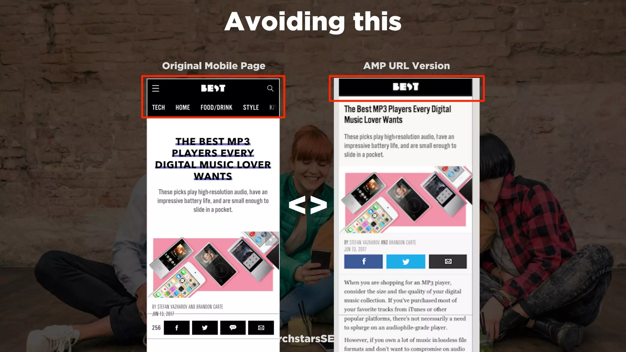 #winningmobile at #searchstarsSE by @aleyda from @orainti
Avoiding this
<>
Original Mobile Page AMP URL Version
 