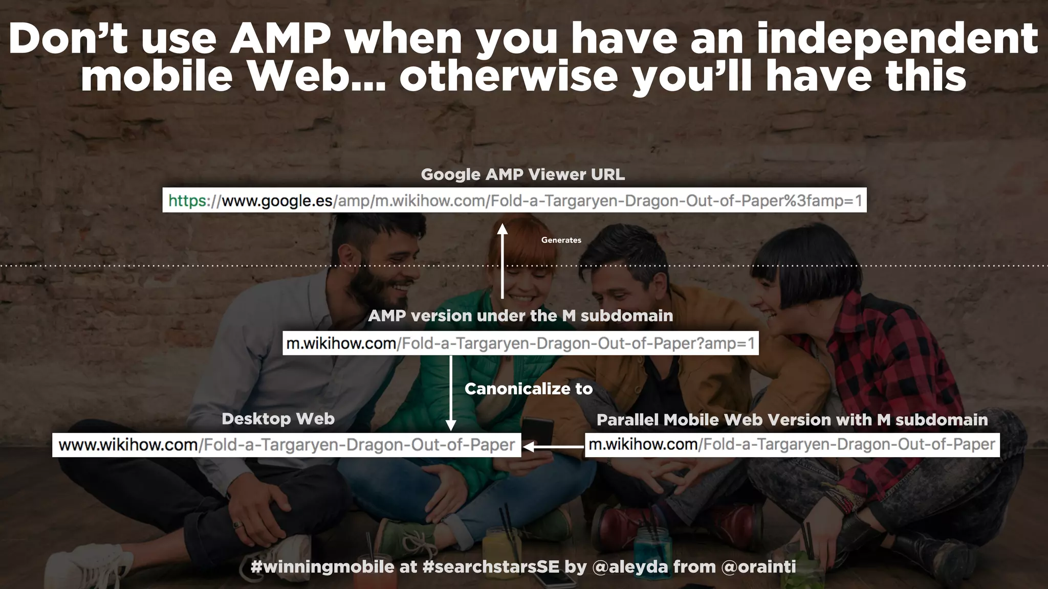 #winningmobile at #searchstarsSE by @aleyda from @orainti
Don’t use AMP when you have an independent
mobile Web… otherwise you’ll have this
Desktop Web Parallel Mobile Web Version with M subdomain
AMP version under the M subdomain
Google AMP Viewer URL
Canonicalize to
Generates
 