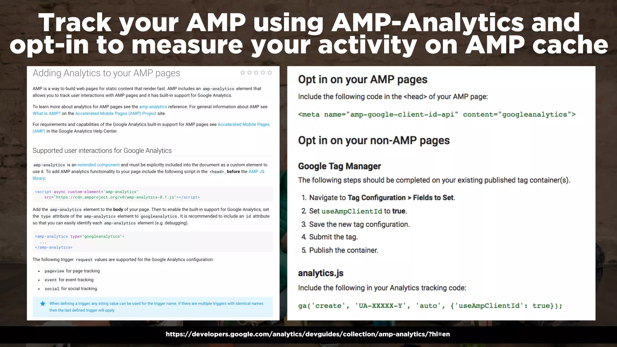 #winningmobile at #searchstarsSE by @aleyda from @orainti
Track your AMP using AMP-Analytics and  
opt-in to measure your activity on AMP cache
https://developers.google.com/analytics/devguides/collection/amp-analytics/?hl=en
 