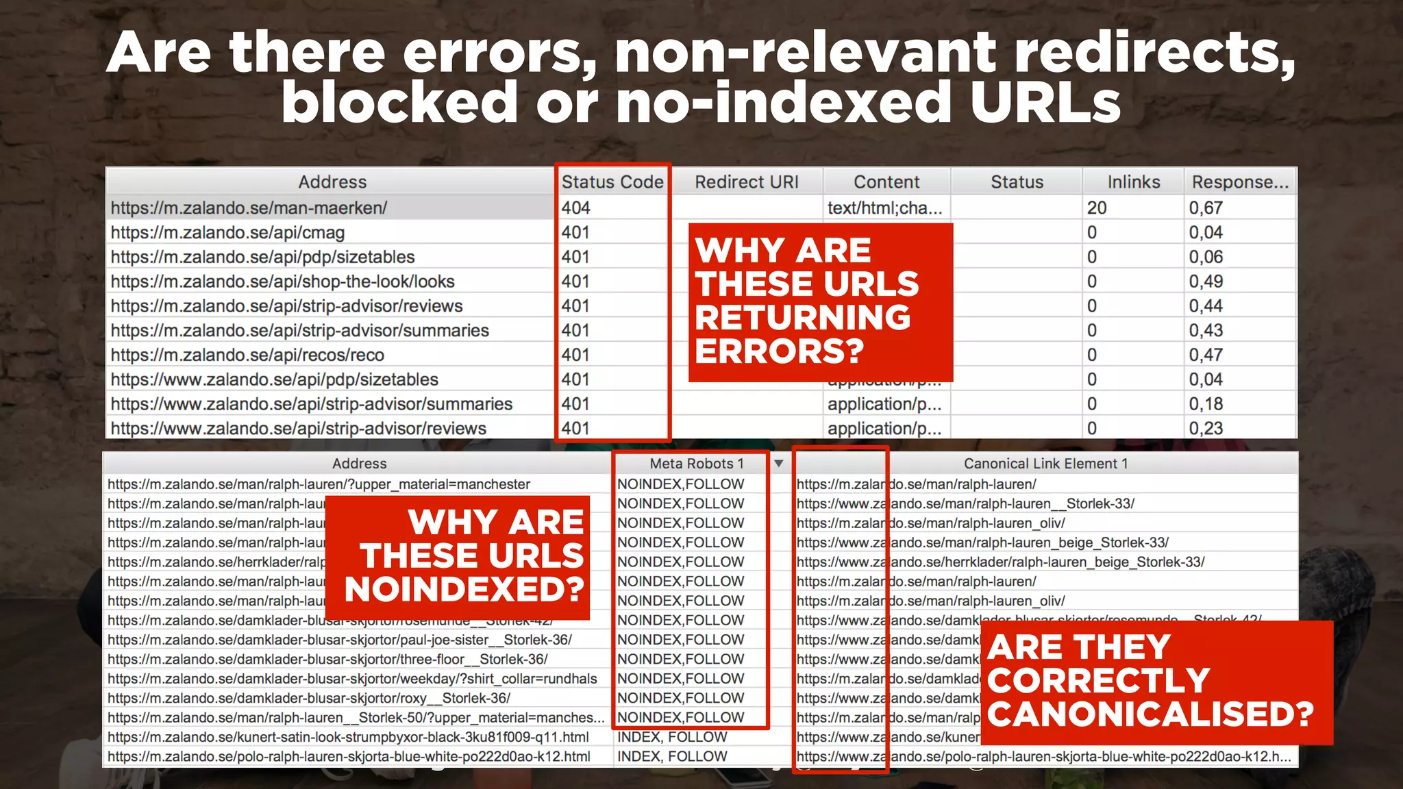 #winningmobile at #searchstarsSE by @aleyda from @orainti
Are there errors, non-relevant redirects,
blocked or no-indexed URLs
WHY ARE
THESE URLS
RETURNING
ERRORS?
WHY ARE
THESE URLS
NOINDEXED?
ARE THEY
CORRECTLY
CANONICALISED?
 